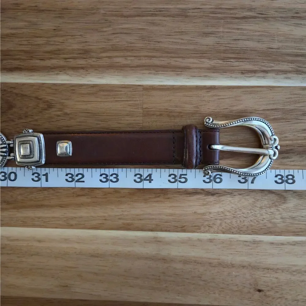 Western Brown Leather Belt Silver Tone Inset Concho Medallion Hardware M Fossil